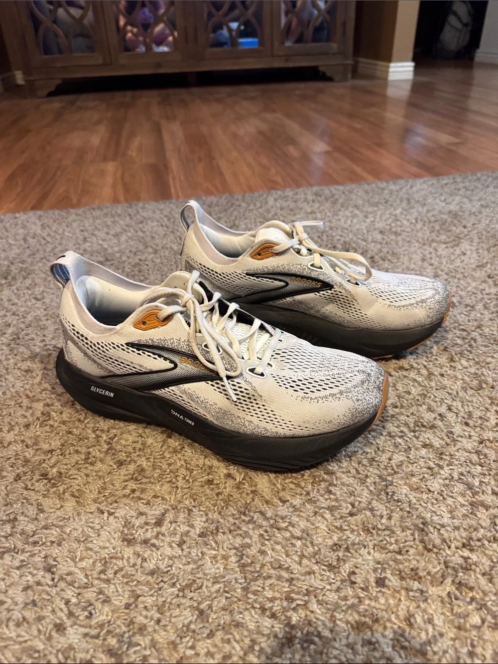 Brooks Men's White and Black Running Shoes with Tan Accents